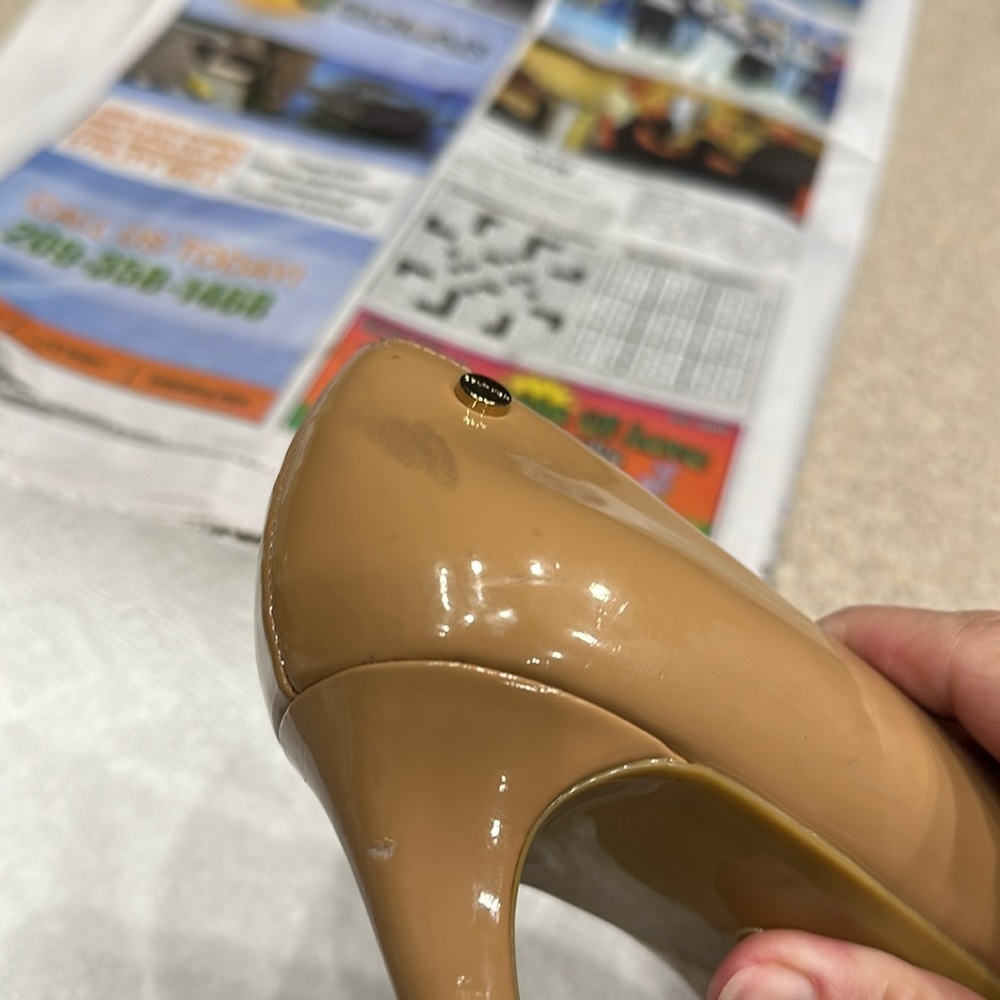 Calvin Klein Patent Pointed-Toe Kitten Heel Pumps in Nude - Picture 11 of 15